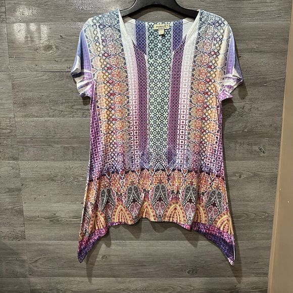 One World Women's Medium Gem Top Blouse Shirt Trippy Mixed Boho - Picture 1 of 9
